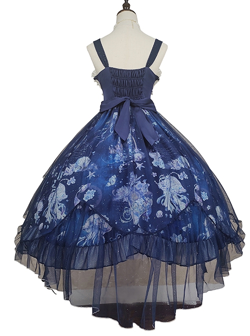 Jellyfish Series Butterfly Embroidery Pearl Decorate Plant Floral Print Blue Classic Lolita Sleeveless Dress Set