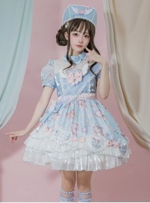 Little Fulla Series Ingot Neck Cute Rabbit Love Print Puff Sleeve Design Sweet Lolita Short-Sleeved Dress Set