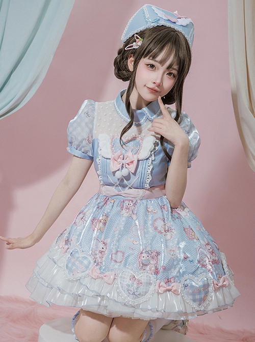 Little Fulla Series Ingot Neck Cute Rabbit Love Print Puff Sleeve Design Sweet Lolita Short-Sleeved Dress Set