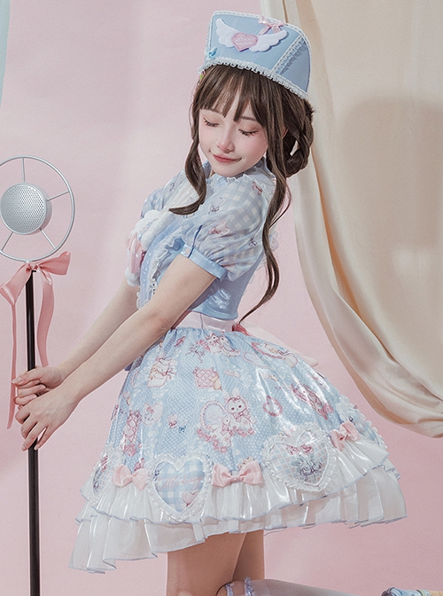 Little Fulla Series Ingot Neck Cute Rabbit Love Print Puff Sleeve Design Sweet Lolita Short-Sleeved Dress Set