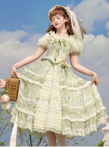 Elegant Floral Print Corset Bowknot Brooch Decoration Green Fresh Classic Lolita Top Skirt Corset Set