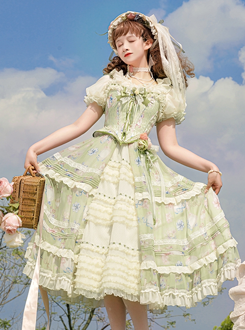 Elegant Floral Print Corset Bowknot Brooch Decoration Green Fresh Classic Lolita Top Skirt Corset Set