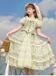 Elegant Floral Print Corset Bowknot Brooch Decoration Green Fresh Classic Lolita Top Skirt Corset Set