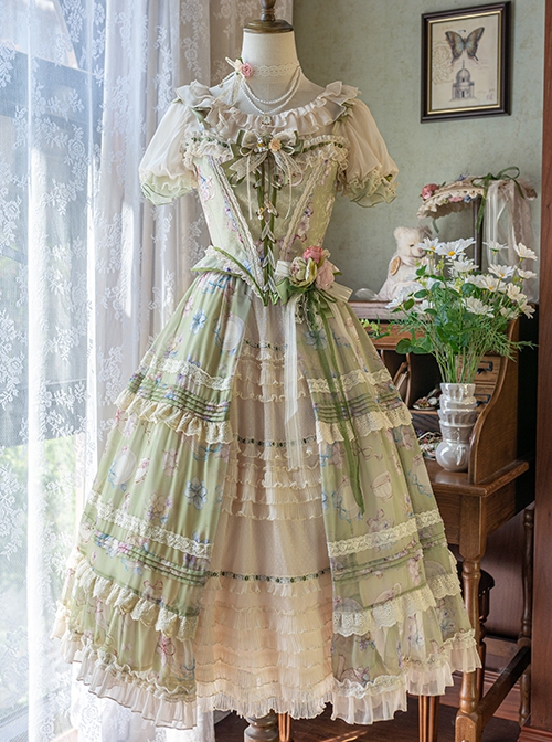 Elegant Floral Print Corset Bowknot Brooch Decoration Green Fresh Classic Lolita Top Skirt Corset Set