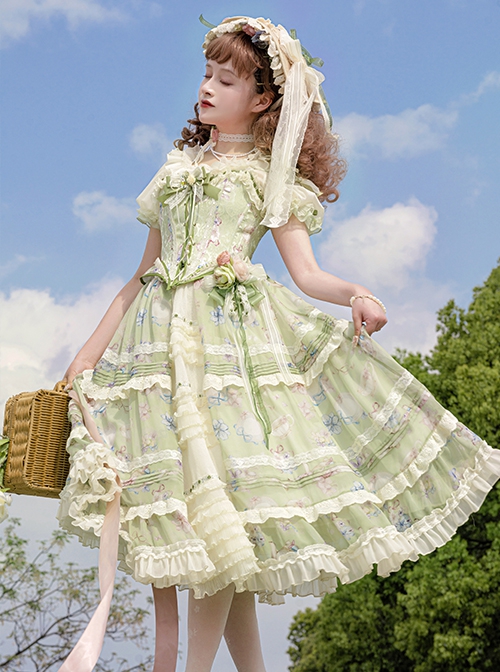 Elegant Floral Print Corset Bowknot Brooch Decoration Green Fresh Classic Lolita Top Skirt Corset Set