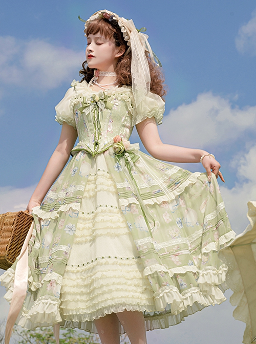 Elegant Floral Print Corset Bowknot Brooch Decoration Green Fresh Classic Lolita Top Skirt Corset Set