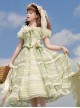 Elegant Floral Print Corset Bowknot Brooch Decoration Green Fresh Classic Lolita Top Skirt Corset Set