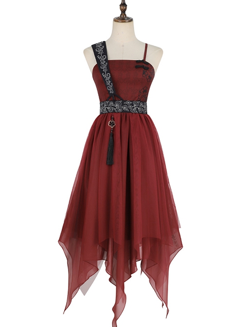 Chinese Style Han Element Red Print Irregular Hem Design Tassel Decoration Simple Hanfu Sleeveless Dress