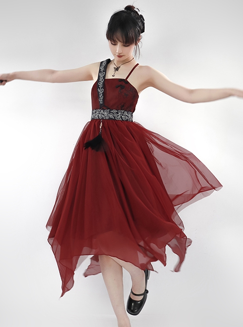 Chinese Style Han Element Red Print Irregular Hem Design Tassel Decoration Simple Hanfu Sleeveless Dress
