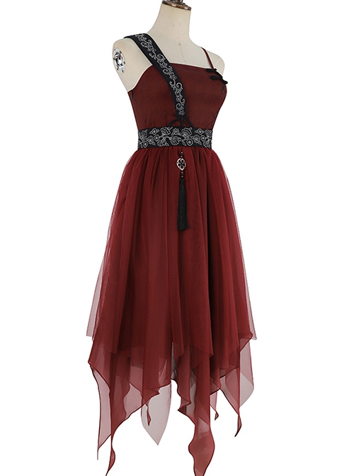 Chinese Style Han Element Red Print Irregular Hem Design Tassel Decoration Simple Hanfu Sleeveless Dress