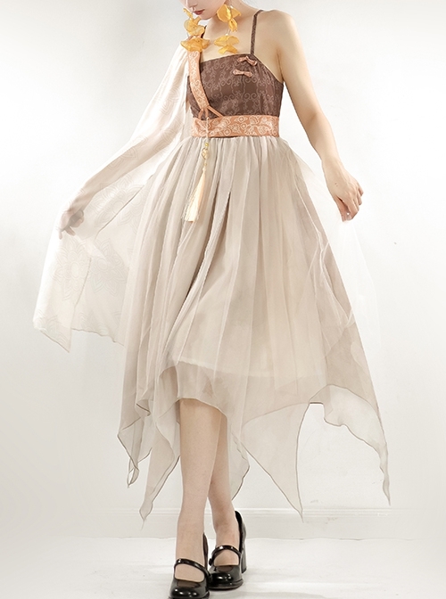 Simple Print Sexy Open Back Irregular Hem Design Chinese Style Han Elements Hanfu Sleeveless Dress