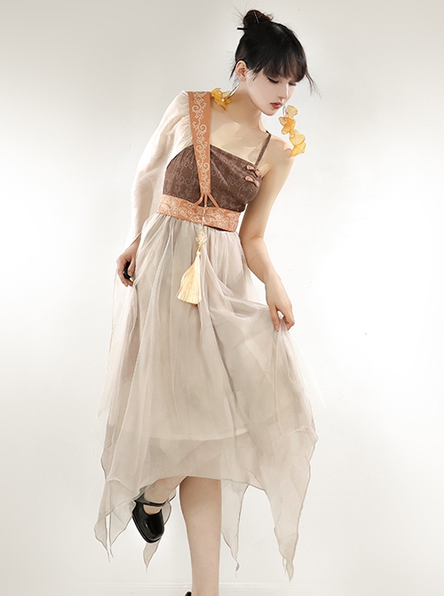Simple Print Sexy Open Back Irregular Hem Design Chinese Style Han Elements Hanfu Sleeveless Dress