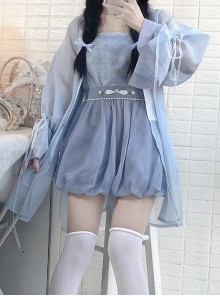 Blue Printed Simple Chinese Style Binding Band Long-Sleeved Coat Han Element Hanfu Suit