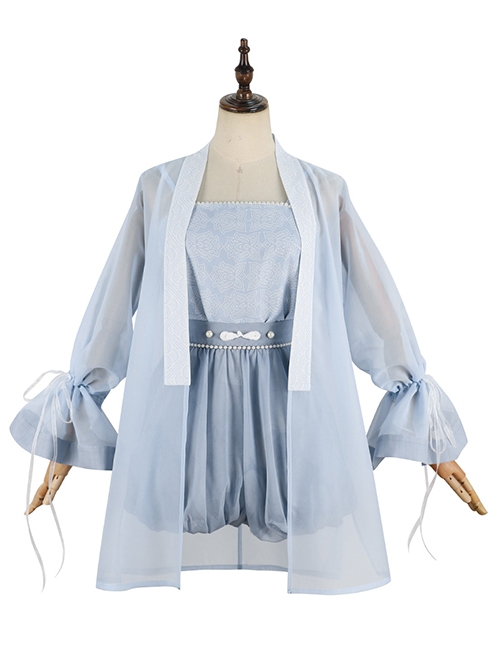 Blue Printed Simple Chinese Style Binding Band Long-Sleeved Coat Han Element Hanfu Suit