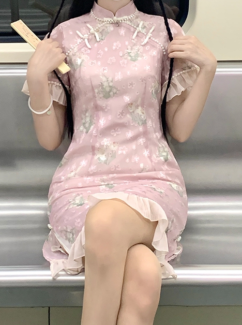 Chinese Style Han Element Improved Cheongsam Stand Collar Pearl Decoration Printed Hanfu Short-Sleeved Dress