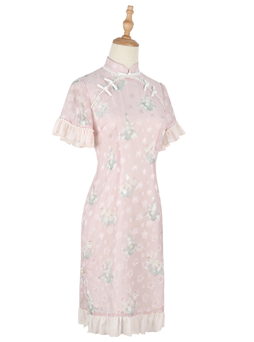Chinese Style Han Element Improved Cheongsam Stand Collar Pearl Decoration Printed Hanfu Short-Sleeved Dress