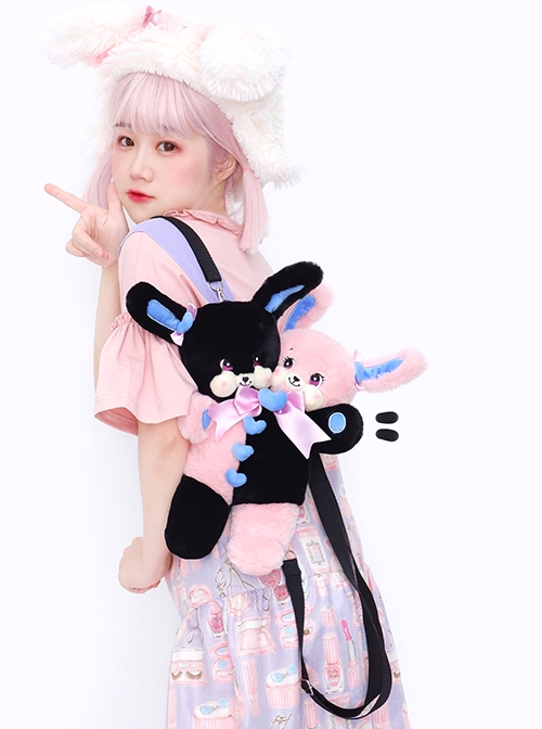 Kawaii Fashion Cute Double Heads Black And Pink Bunny Plush Doll Bag