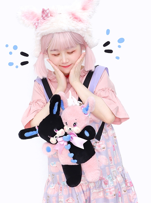 Kawaii Fashion Cute Double Heads Black And Pink Bunny Plush Doll Bag