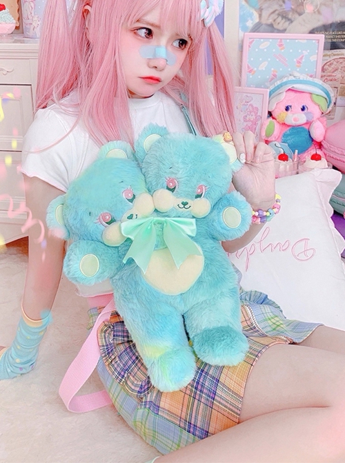 Mint Cute Quirky Kawaii Fashion Two Headed Teddy Bear Plush Doll Bag Crossbody