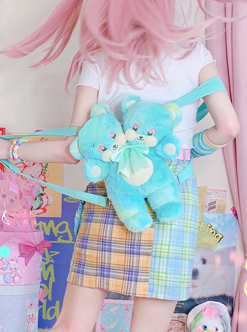 Mint Cute Quirky Kawaii Fashion Two Headed Teddy Bear Plush Doll Bag Crossbody