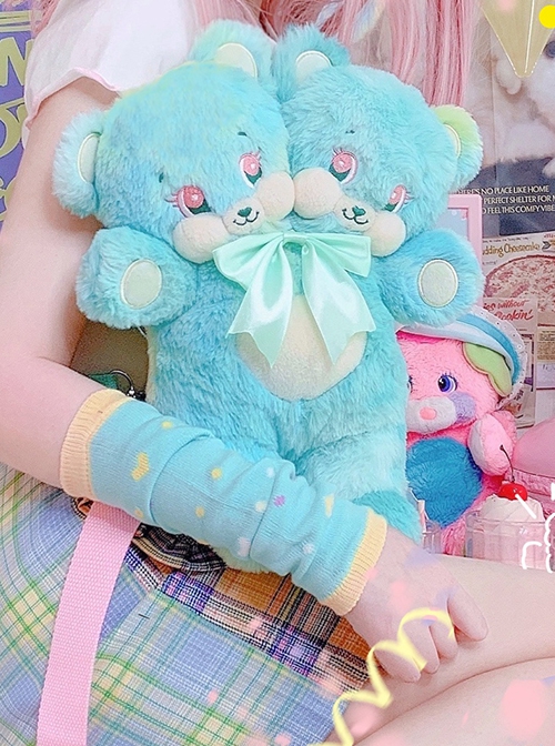 Mint Cute Quirky Kawaii Fashion Two Headed Teddy Bear Plush Doll Bag Crossbody