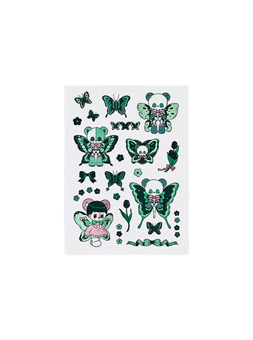 Green Black Skeleton Bear With Wilthered Butterfly Wings Waterproof Kawaii Fashion Long-Lasting Cute Spooky Cartoon Tattoo Stickers