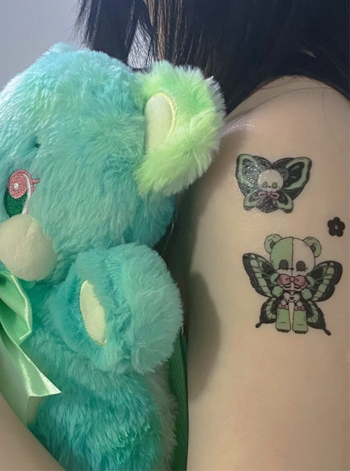 Green Black Skeleton Bear With Wilthered Butterfly Wings Waterproof Kawaii Fashion Long-Lasting Cute Spooky Cartoon Tattoo Stickers