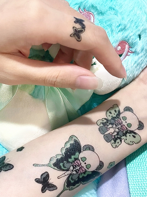 Green Black Skeleton Bear With Wilthered Butterfly Wings Waterproof Kawaii Fashion Long-Lasting Cute Spooky Cartoon Tattoo Stickers