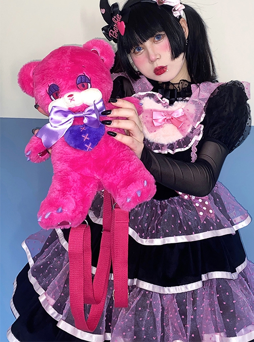 Kawaii Fashion Hot Pink Sad Emo Cute Teddy Bear With Purple Bowknots Plush Doll Bag Backpack Crossbody