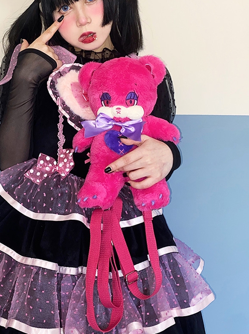 Kawaii Fashion Hot Pink Sad Emo Cute Teddy Bear With Purple Bowknots Plush Doll Bag Backpack Crossbody