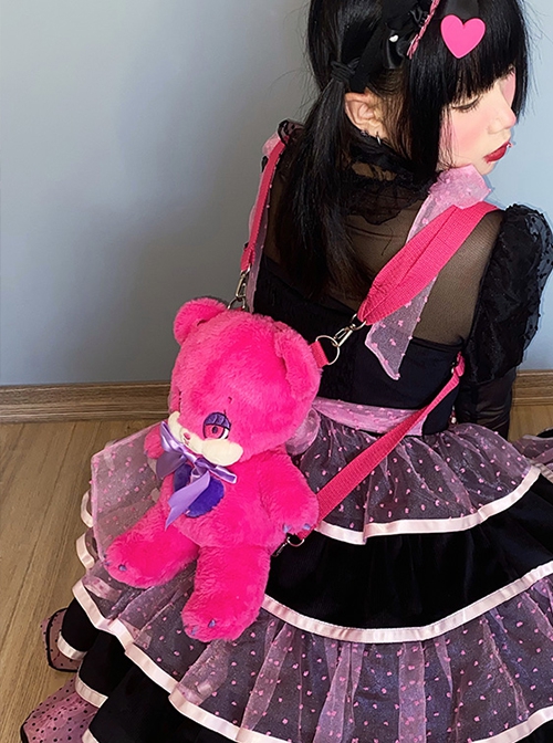 Kawaii Fashion Hot Pink Sad Emo Cute Teddy Bear With Purple Bowknots Plush Doll Bag Backpack Crossbody
