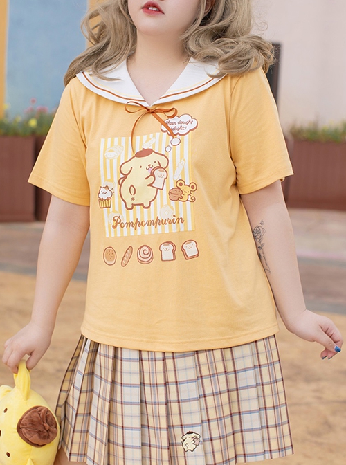 Kawaii Fashion Plus Size Blue Sanrio Babygirl Larme Kei Sailor Collar JK Kogal Short Sleeves Prints T-Shirt