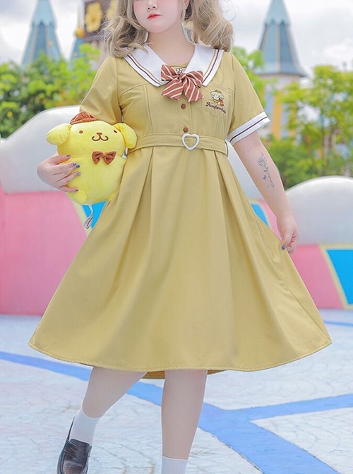 Yellow Plus Size Kawaii Fashion Embroidered Sanrio Pompompurin Sailor Collar Short Sleeves Japanese Schoolgirl Uniform JK Seifuku Dress
