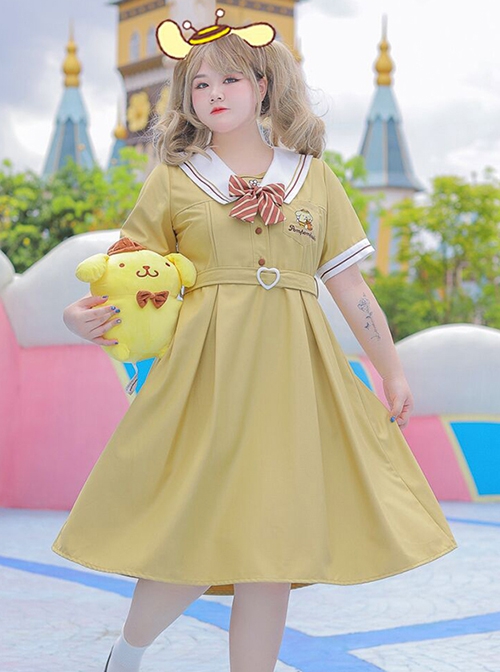 Yellow Plus Size Kawaii Fashion Embroidered Sanrio Pompompurin Sailor Collar Short Sleeves Japanese Schoolgirl Uniform JK Seifuku Dress