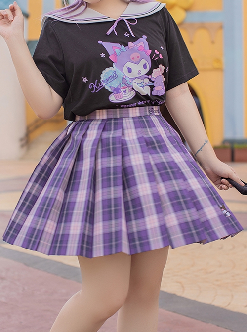 Kawaii Fashion Plus Size Blue Sanrio Cinnamoroll Japanese Schoolgirl JK Seifuku 48CM Pleated Plaid Skirt