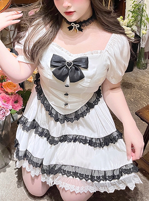 Love Confession Series Kawaii Fashion Black White Plus Size Slimming Puff Sleeves Lace-Trim Bandana Hem Bow Blouse