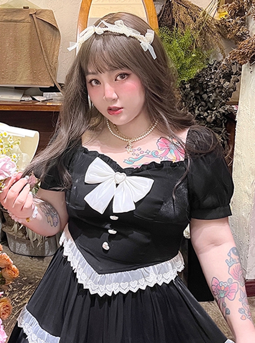 Love Confession Series Kawaii Fashion Black White Plus Size Slimming Puff Sleeves Lace-Trim Bandana Hem Bow Blouse