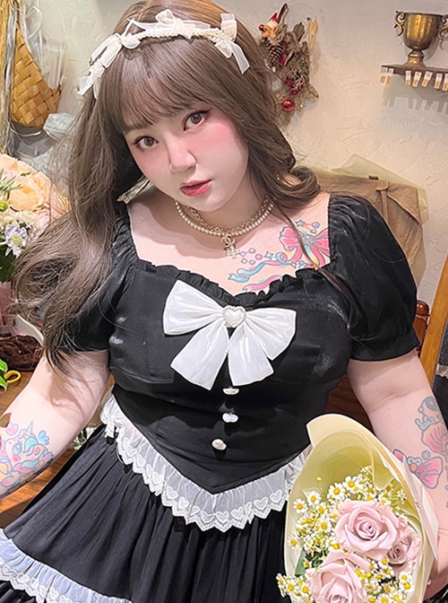 Love Confession Series Kawaii Fashion Black White Plus Size Slimming Puff Sleeves Lace-Trim Bandana Hem Bow Blouse