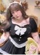 Love Confession Series Kawaii Fashion Black White Plus Size Slimming Puff Sleeves Lace-Trim Bandana Hem Bow Blouse