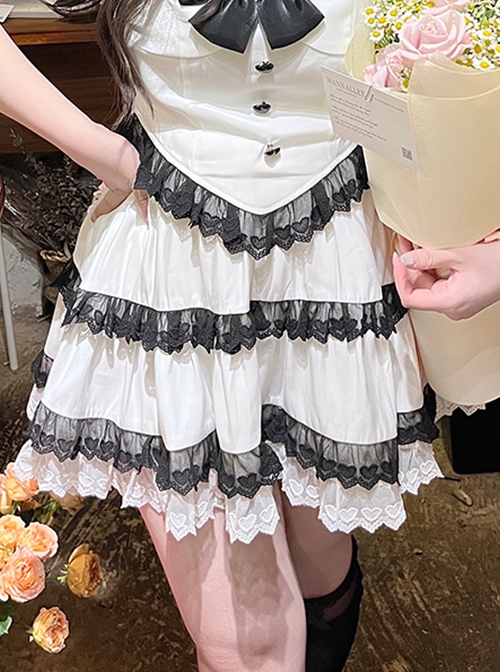 Love Confession Series Kawaii Fashion Layered White Black Lace-Trim Tiered Ruffle Skirt