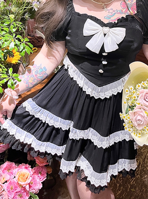 Love Confession Series Kawaii Fashion Layered White Black Lace-Trim Tiered Ruffle Skirt