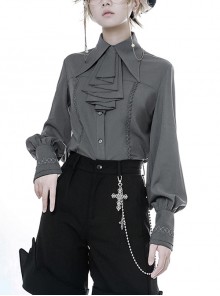 Ouji Fashion Black And Blue Series Female Retro Medieval Pointed Collar Mutton Sleeves Long Sleeves Jabot Shota Lolita Shirt