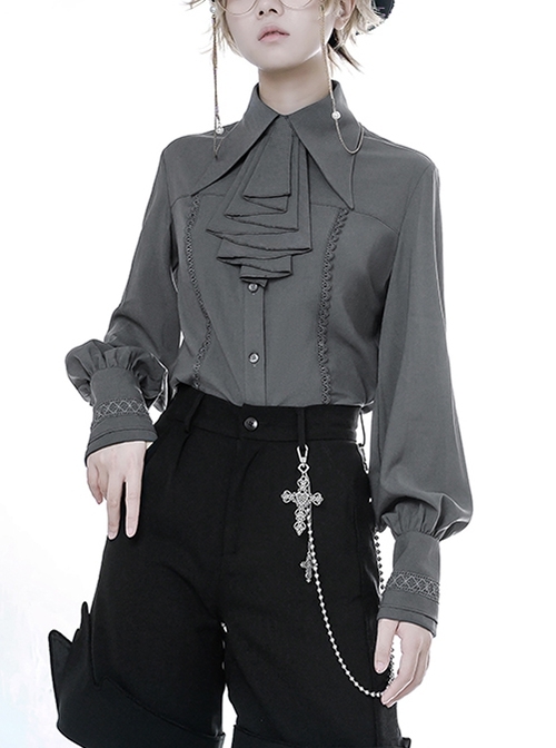 Ouji Fashion Black And Blue Series Female Retro Medieval Pointed Collar Mutton Sleeves Long Sleeves Jabot Shota Lolita Shirt