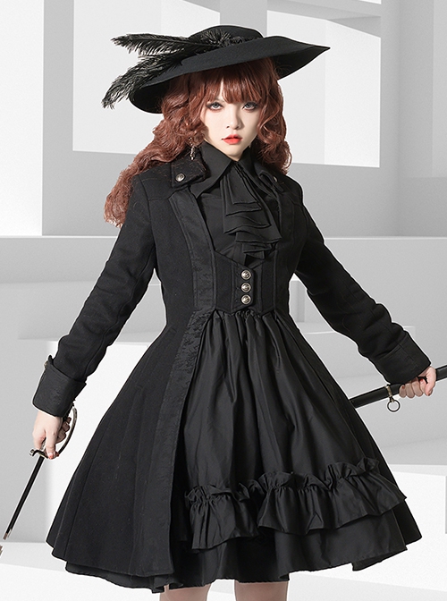 Ouji Fashion Black And Blue Series Female Retro Medieval Pointed Collar Mutton Sleeves Long Sleeves Jabot Shota Lolita Shirt