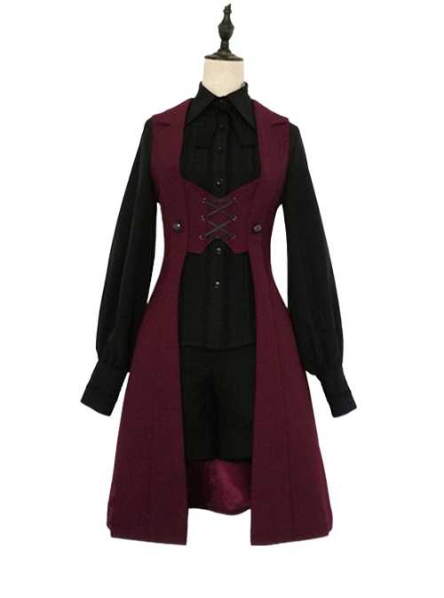 Dark Night Overture Series Ouji Fashion Red Black Medieval Long Lace-Up Lolita Waistcoat Vest