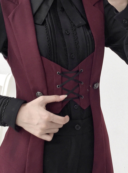 Dark Night Overture Series Ouji Fashion Red Black Medieval Long Lace-Up Lolita Waistcoat Vest