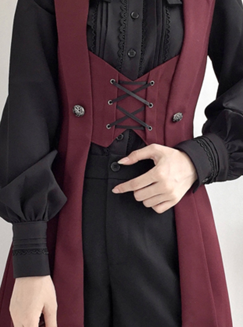 Dark Night Overture Series Ouji Fashion Red Black Medieval Long Lace-Up Lolita Waistcoat Vest