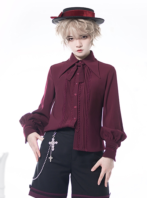 Retro Elegant Ouji Fashion Pointy Collar Elegant Multicolors Puff Sleeves Ribbon Tie Shota Victorian Lolita Long Sleeves Blouse