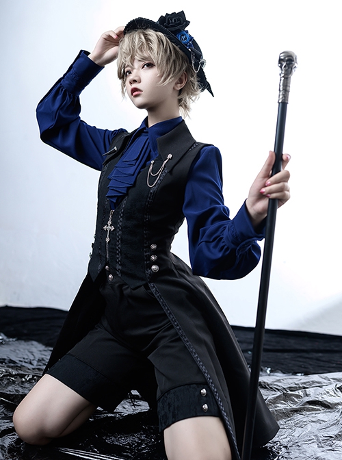 Black And Blue Series Lolita Ouji Fashion Metal Chain Cross Pendant Lace-Up Back Tailcoat Vest