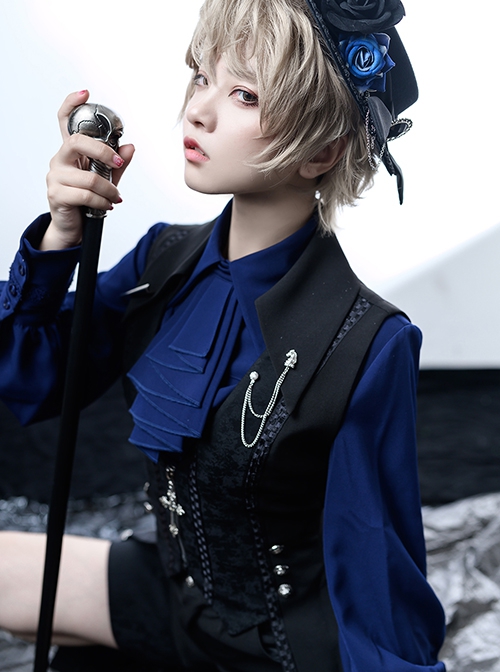 Black And Blue Series Lolita Ouji Fashion Metal Chain Cross Pendant Lace-Up Back Tailcoat Vest